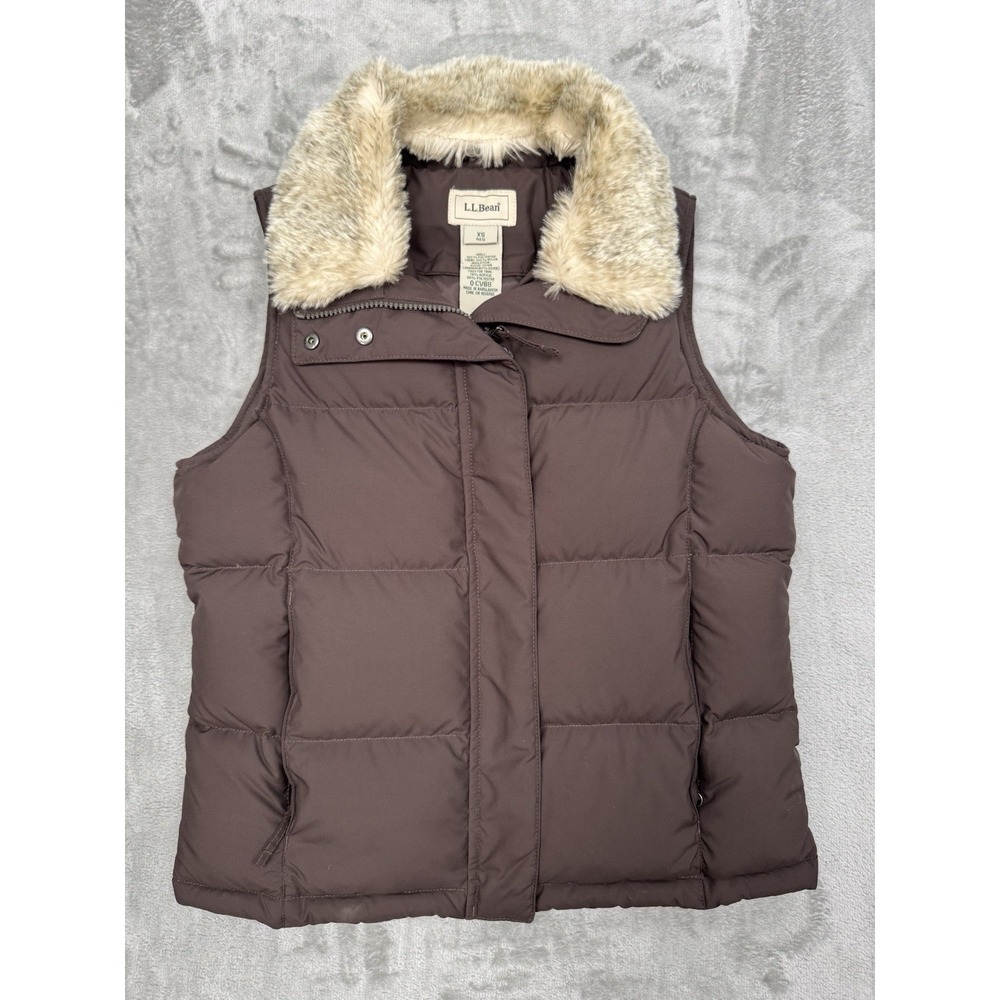 Vintage‎ LL Bean Goose Down Puffer Vest Womens XS Brown Faux Fur Winter Zip L.L.